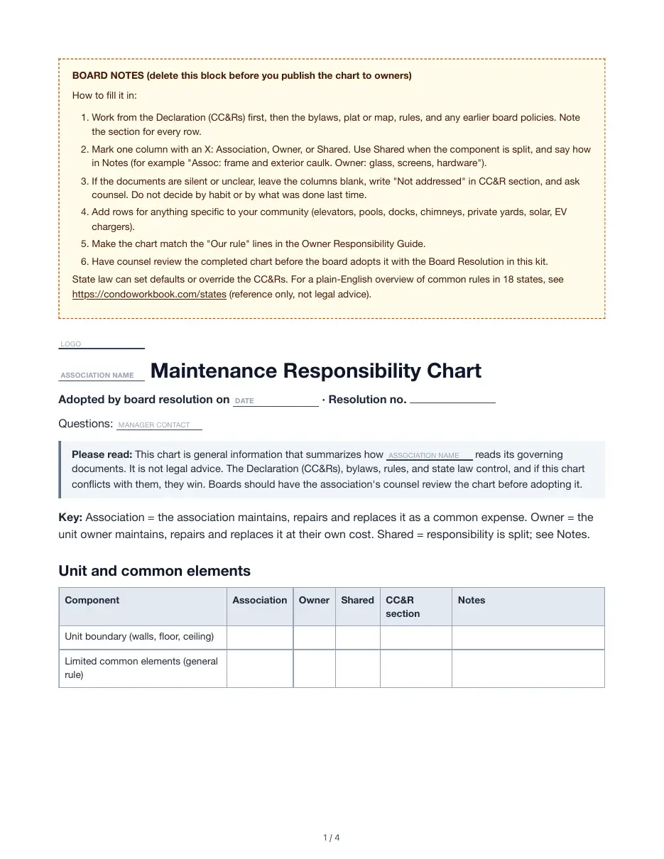 Board Packet Kit: fill-in maintenance responsibility chart